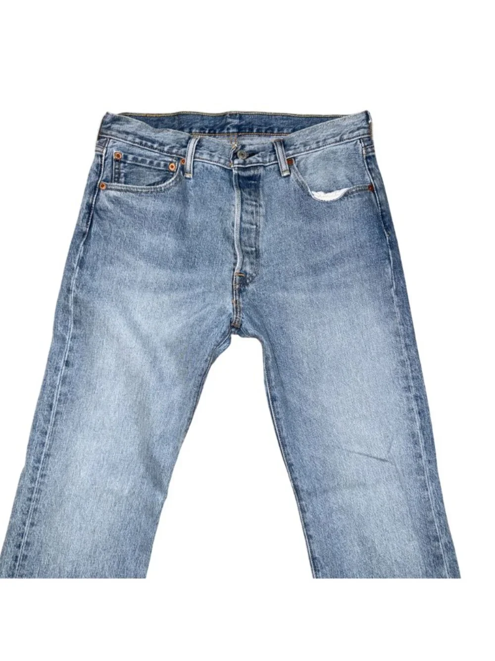 Levis 501 Button Fly Straight Leg Jeans Mens 34 31 Light Wash Stitched Pockets - Picture 3 of 8
